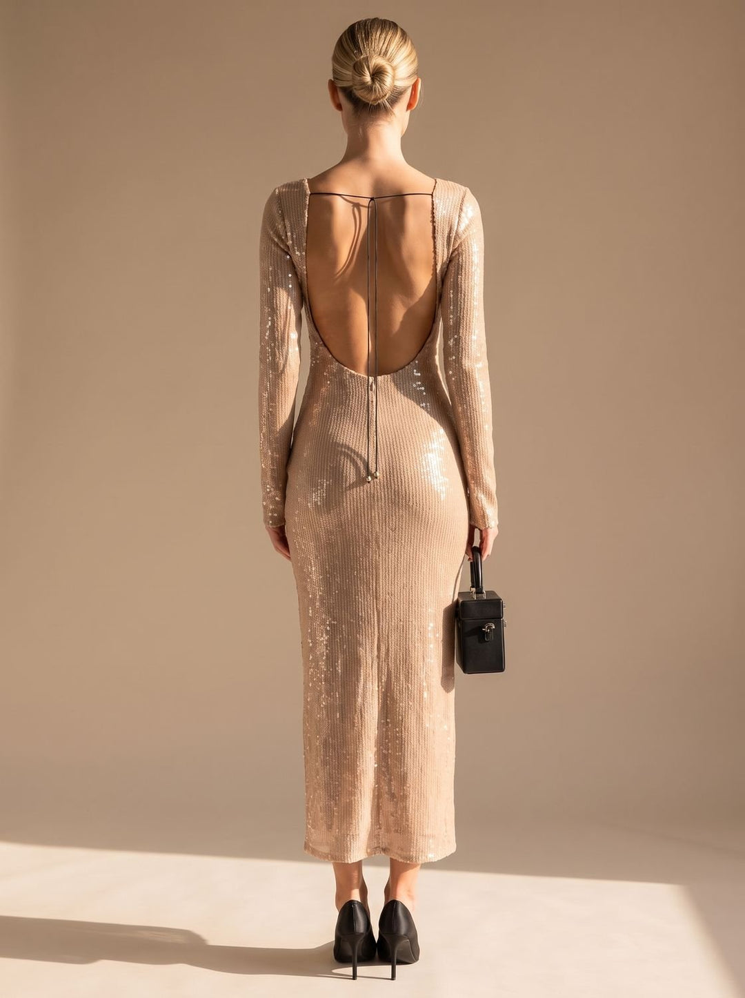 Women's Long-Sleeve V-Neck Sequin Maxi Dress