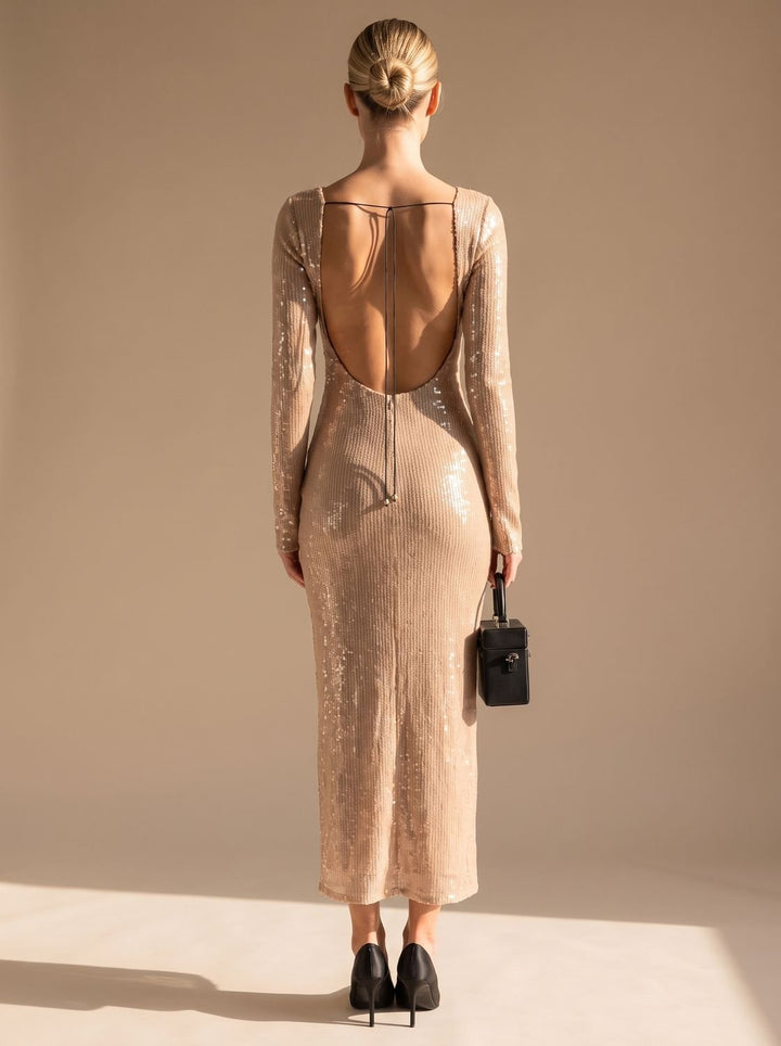 Women's Long-Sleeve V-Neck Sequin Maxi Dress
