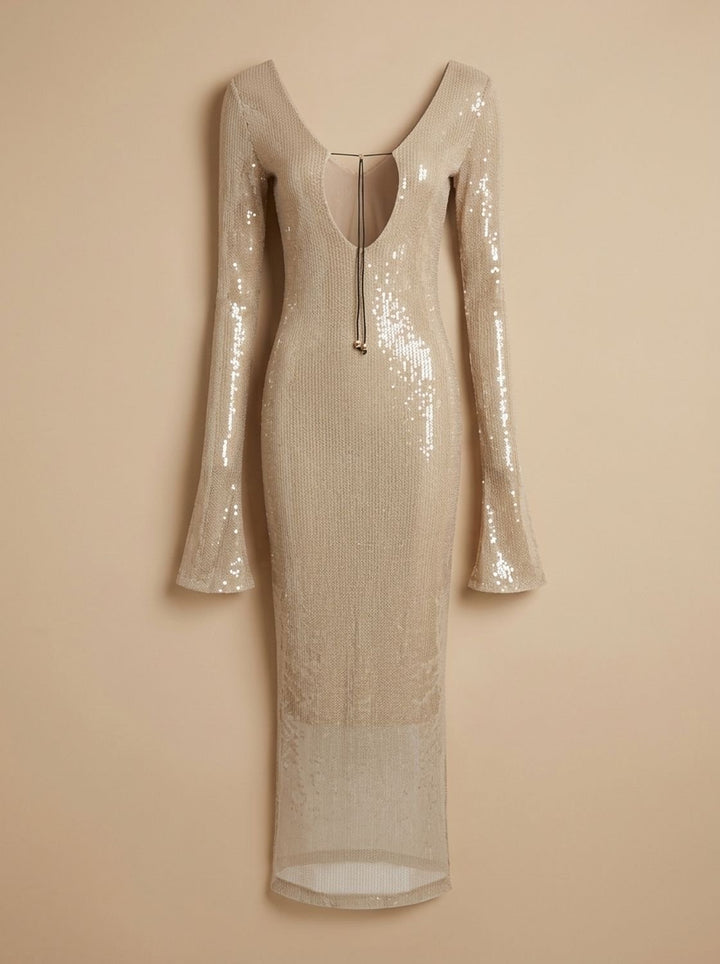 Women's Long-Sleeve V-Neck Sequin Maxi Dress