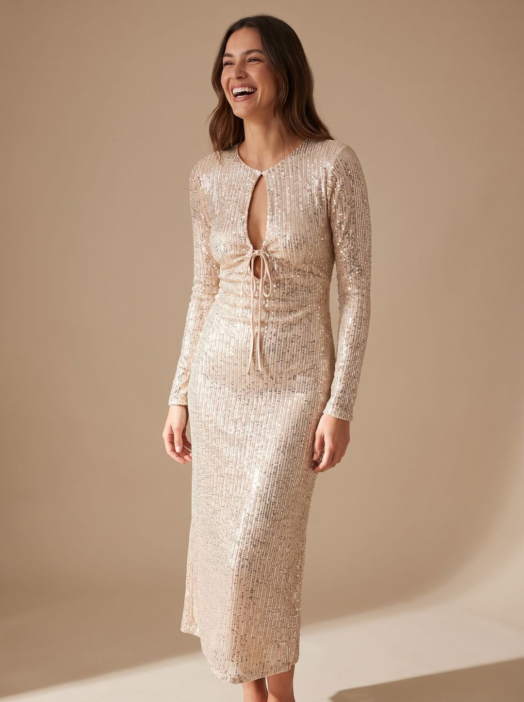 Women's Long-Sleeve V-Neck Sequin Maxi Dress