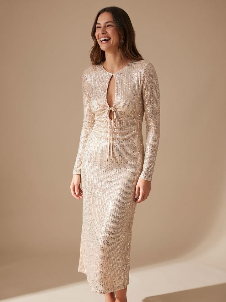 Women's Long-Sleeve V-Neck Sequin Maxi Dress