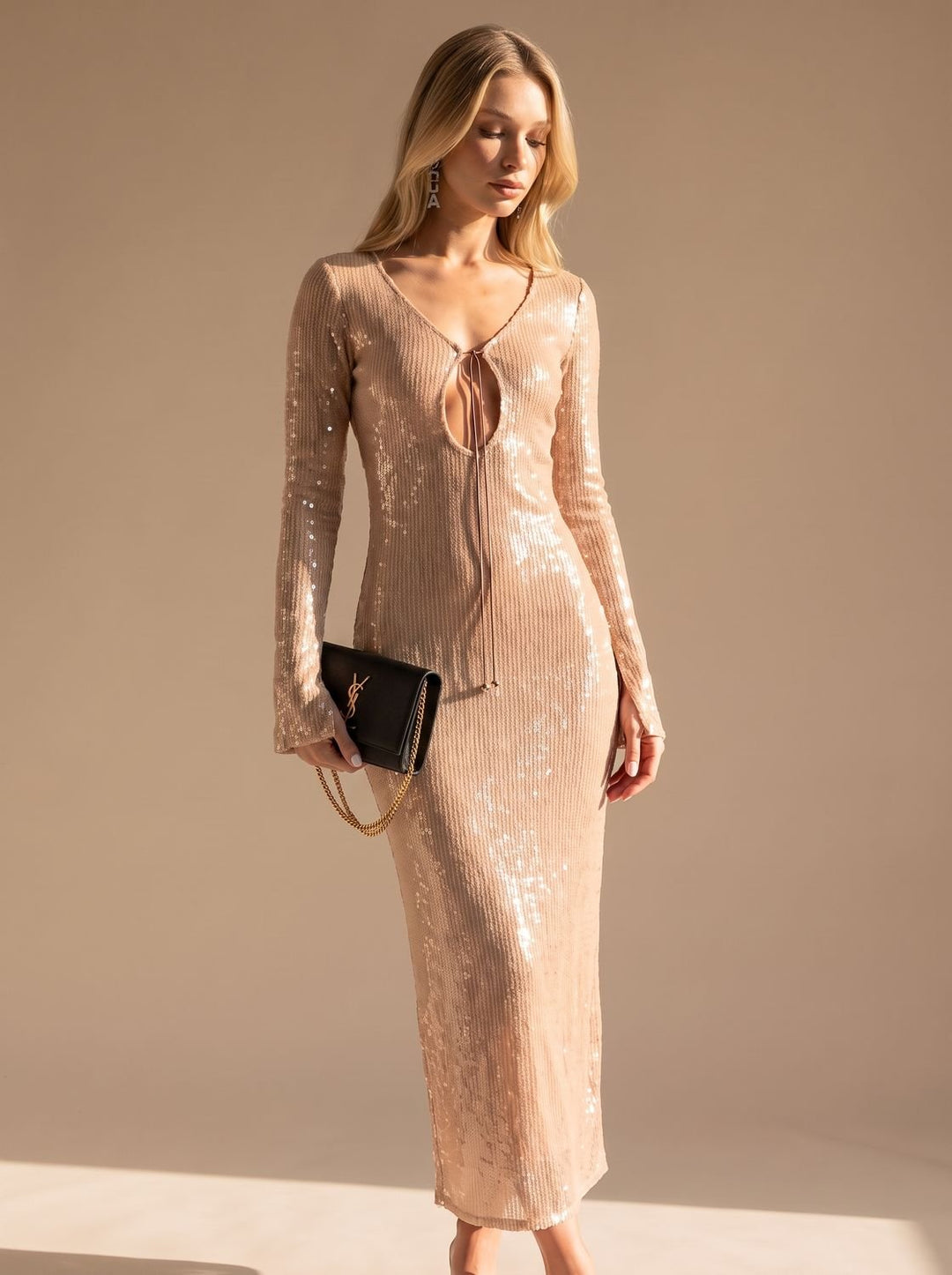 Women's Long-Sleeve V-Neck Sequin Maxi Dress