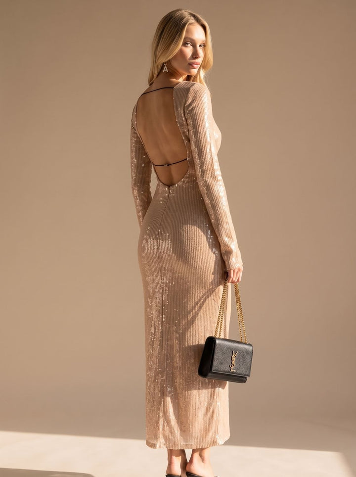 Women's Long-Sleeve V-Neck Sequin Maxi Dress