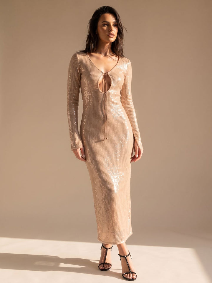 Women's Long-Sleeve V-Neck Sequin Maxi Dress