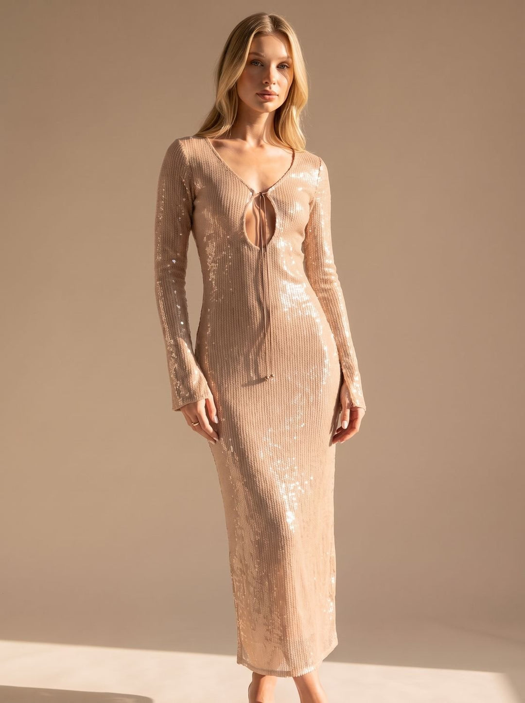 Women's Long-Sleeve V-Neck Sequin Maxi Dress