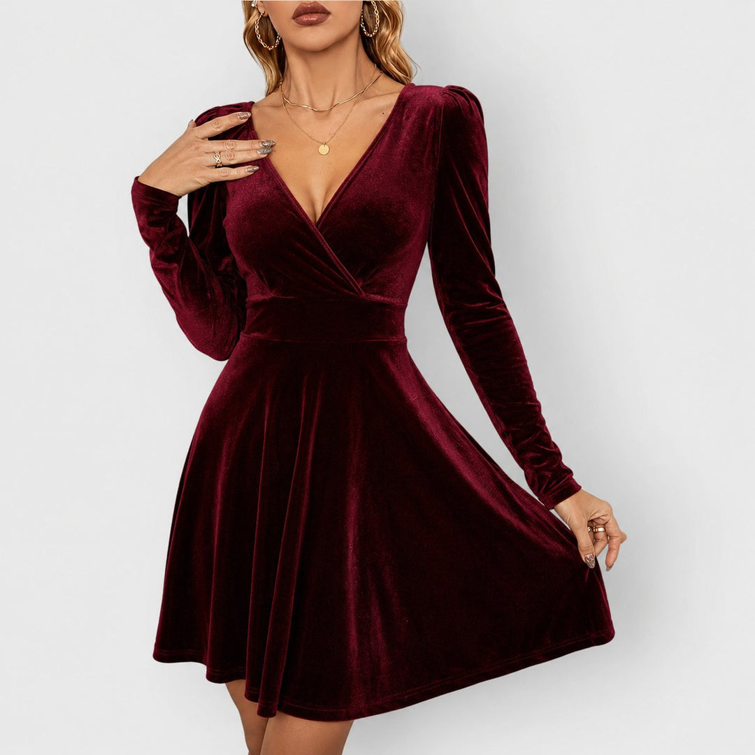 Women's Long Sleeve Velvet Skater Formal Dresses Deep V-Neck - Red