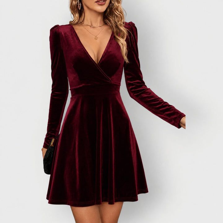 Women's Long Sleeve Velvet Skater Formal Dresses Deep V-Neck