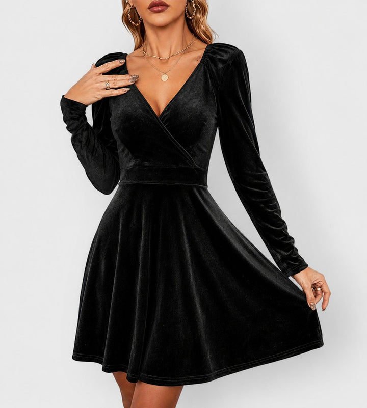 Women's Long Sleeve Velvet Skater Formal Dresses Deep V-Neck - Black