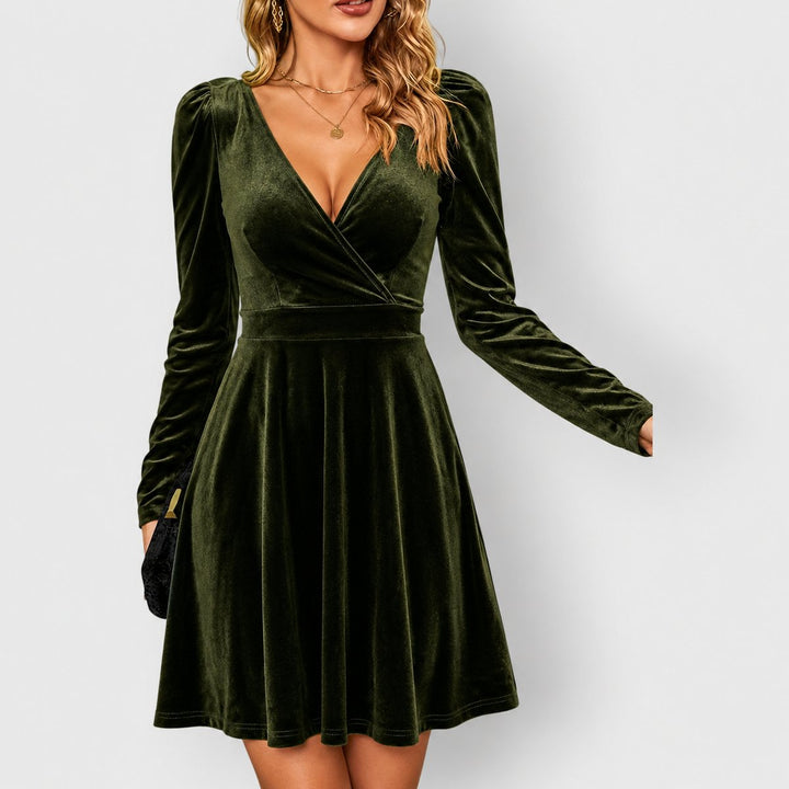 Women's Long Sleeve Velvet Skater Formal Dresses Deep V-Neck