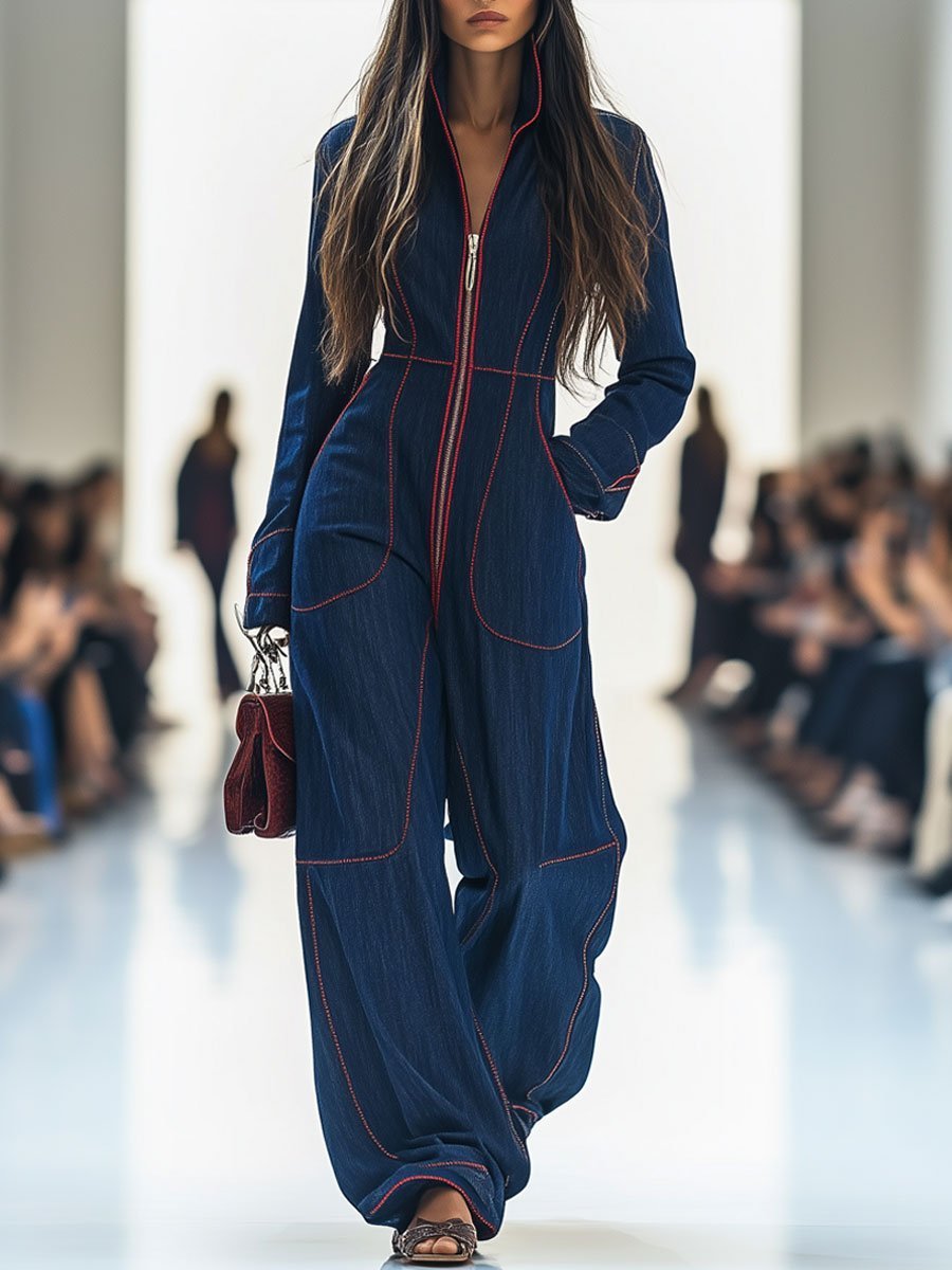 Women's Long Sleeve Wide Leg Pants Denim Zip-Front Jumpsuit - Donkerblauw