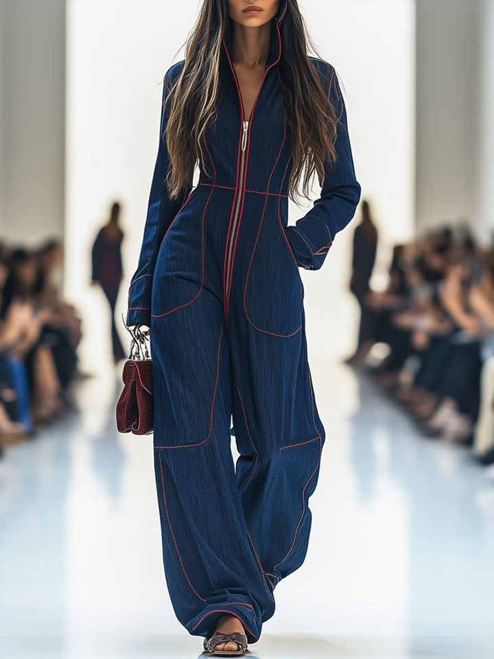 Women's Long Sleeve Wide Leg Pants Denim Zip-Front Jumpsuit - Donkerblauw
