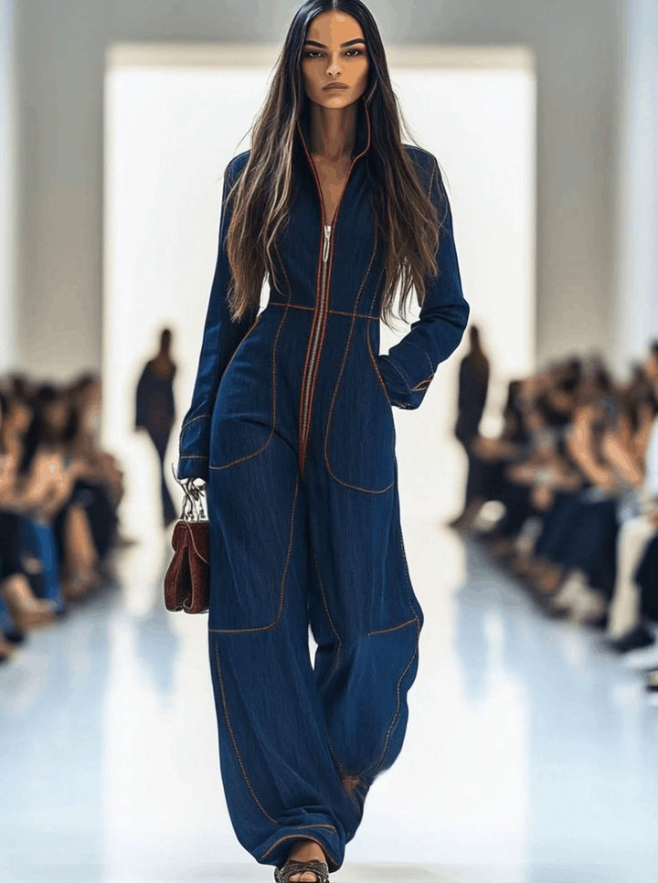 Women's Long Sleeve Wide Leg Pants Denim Zip-Front Jumpsuit