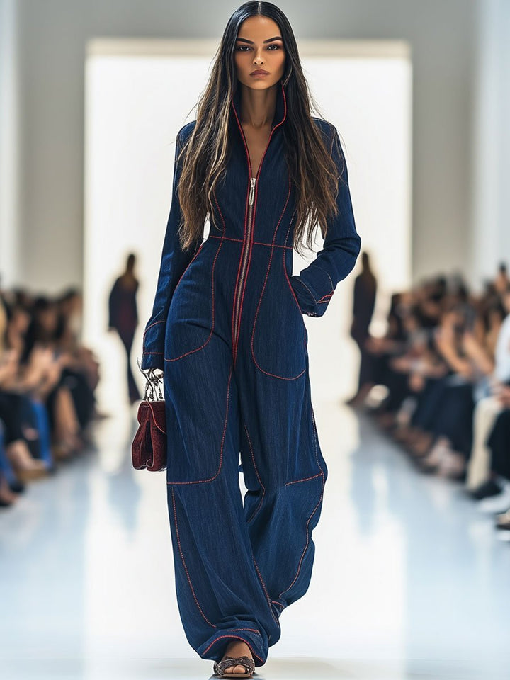 Women's Long Sleeve Wide Leg Pants Denim Zip-Front Jumpsuit