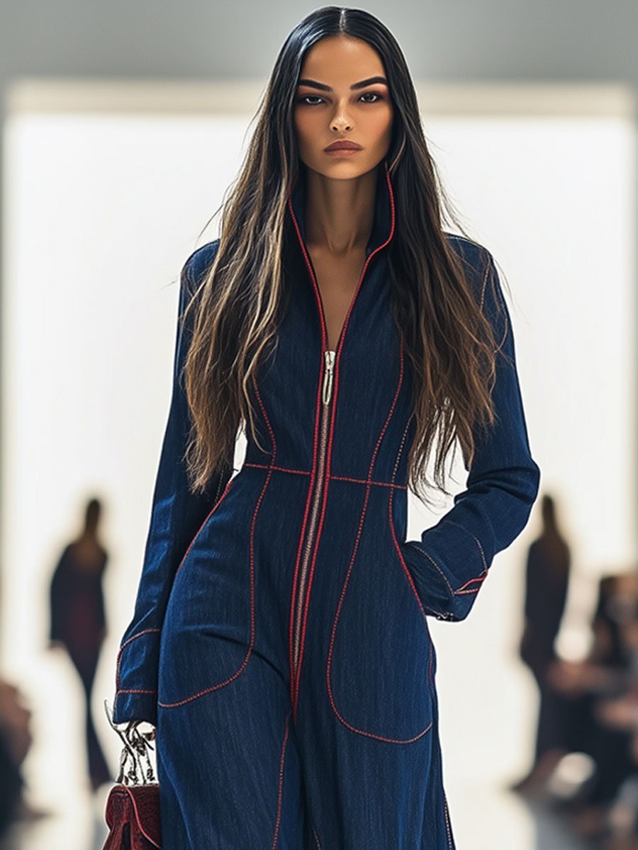 Women's Long Sleeve Wide Leg Pants Denim Zip-Front Jumpsuit