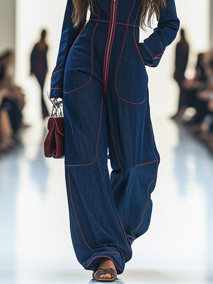 Women's Long Sleeve Wide Leg Pants Denim Zip-Front Jumpsuit