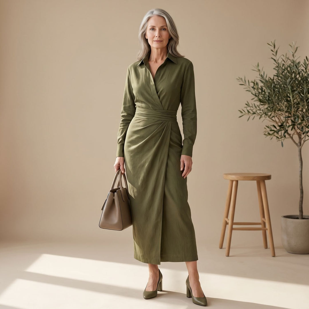 Women's Long Sleeve Wrap Maxi Dress Draped Shirt-Collar