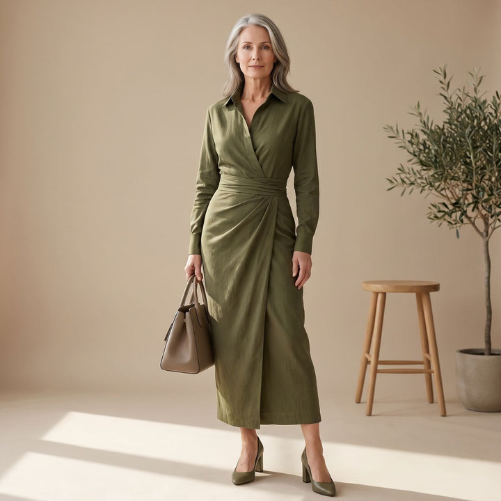 Women's Long Sleeve Wrap Maxi Dress Draped Shirt-Collar
