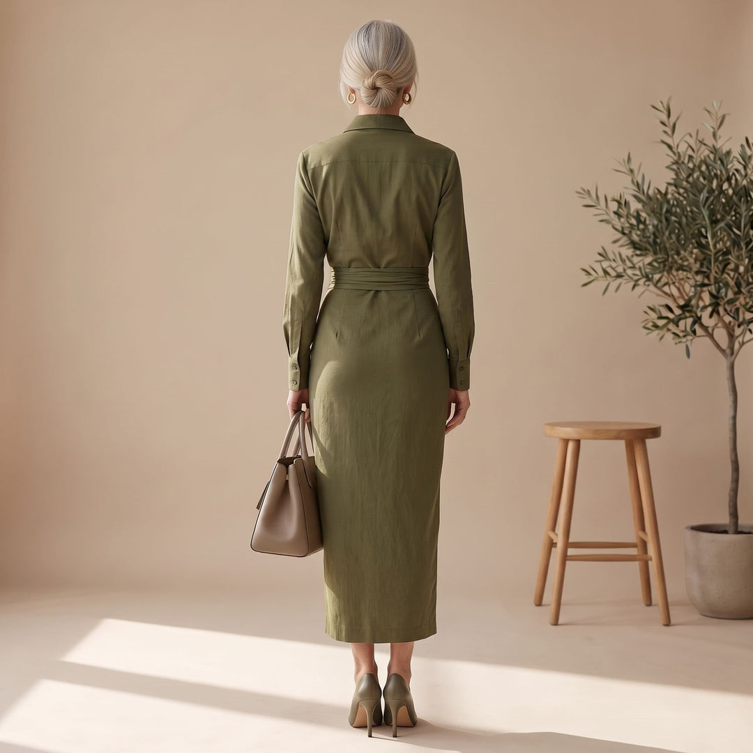 Women's Long Sleeve Wrap Maxi Dress Draped Shirt-Collar