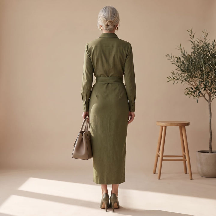 Women's Long Sleeve Wrap Maxi Dress Draped Shirt-Collar