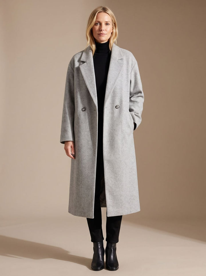 Women's Long Tailored Overcoat Relaxed Double-Breasted Winter Coat - Grey