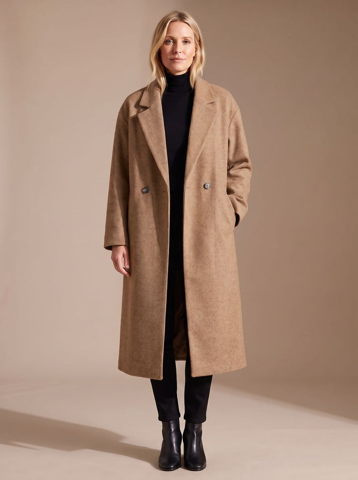 Women's Long Tailored Overcoat Relaxed Double-Breasted Winter Coat - Brown
