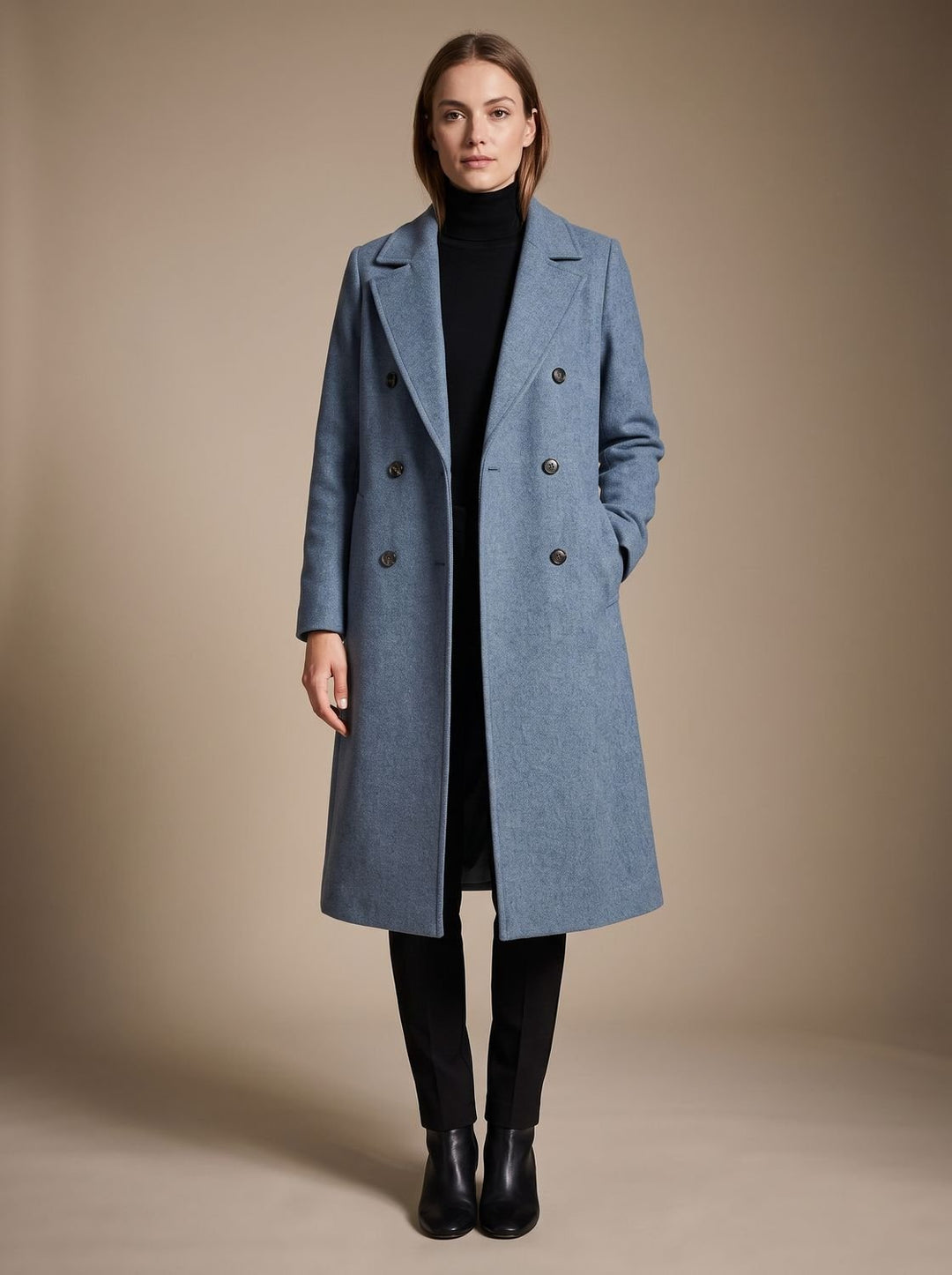 Women's Long Tailored Overcoat Relaxed Double-Breasted Winter Coat - Blue