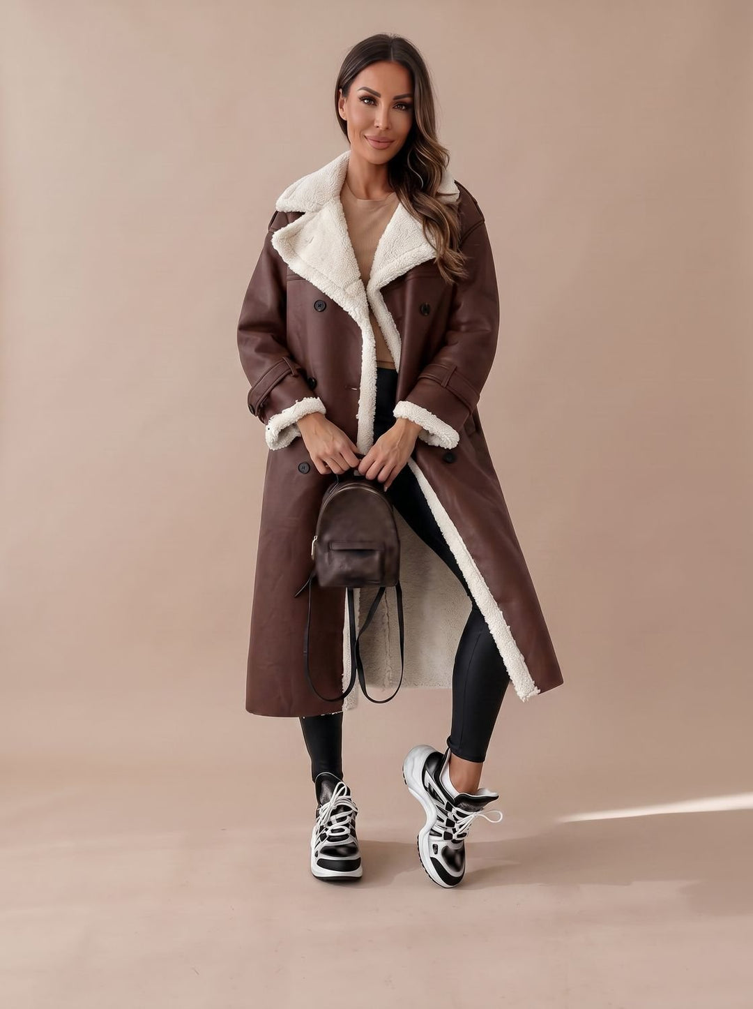 Women's Long Teddy Winter Coat Double-Breasted Sherpa Belted