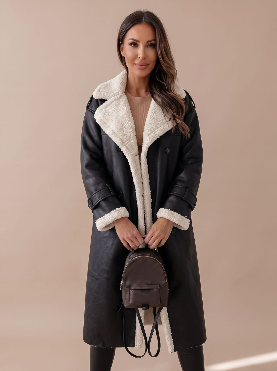 Women's Long Teddy Winter Coat Double-Breasted Sherpa Belted - Black