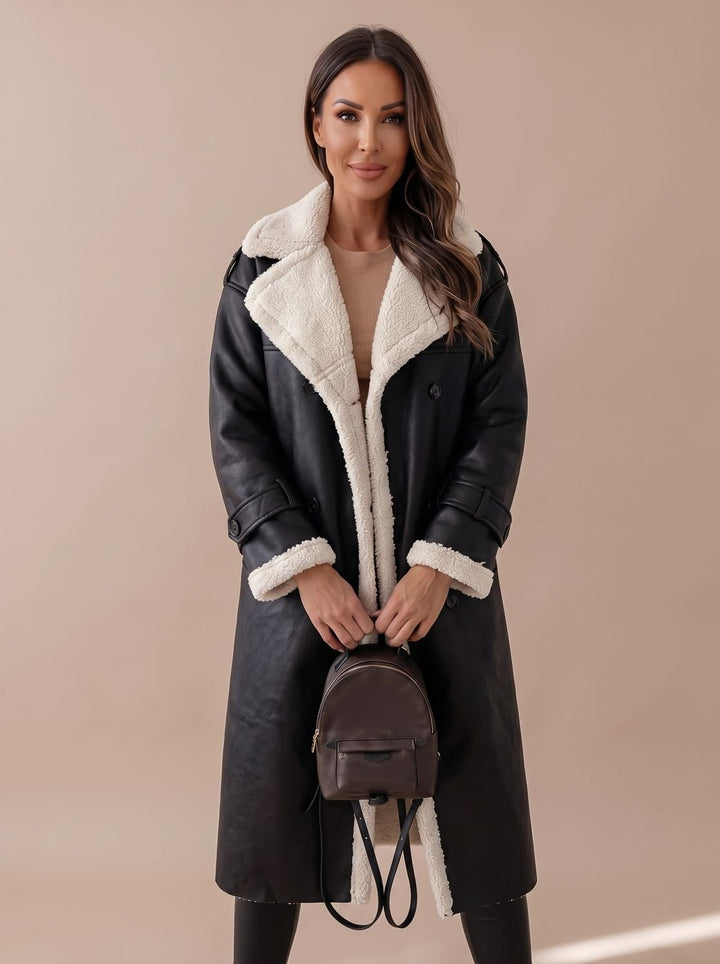 Women's Long Teddy Winter Coat Double-Breasted Sherpa Belted - Black