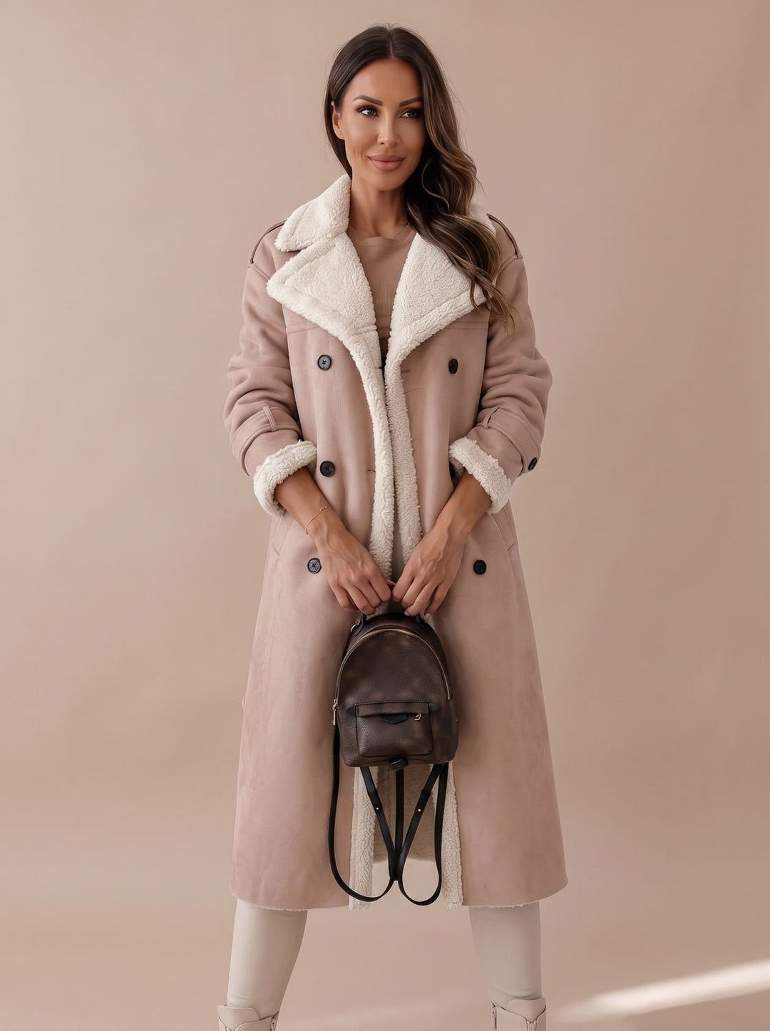 Women's Long Teddy Winter Coat Double-Breasted Sherpa Belted - Khaki