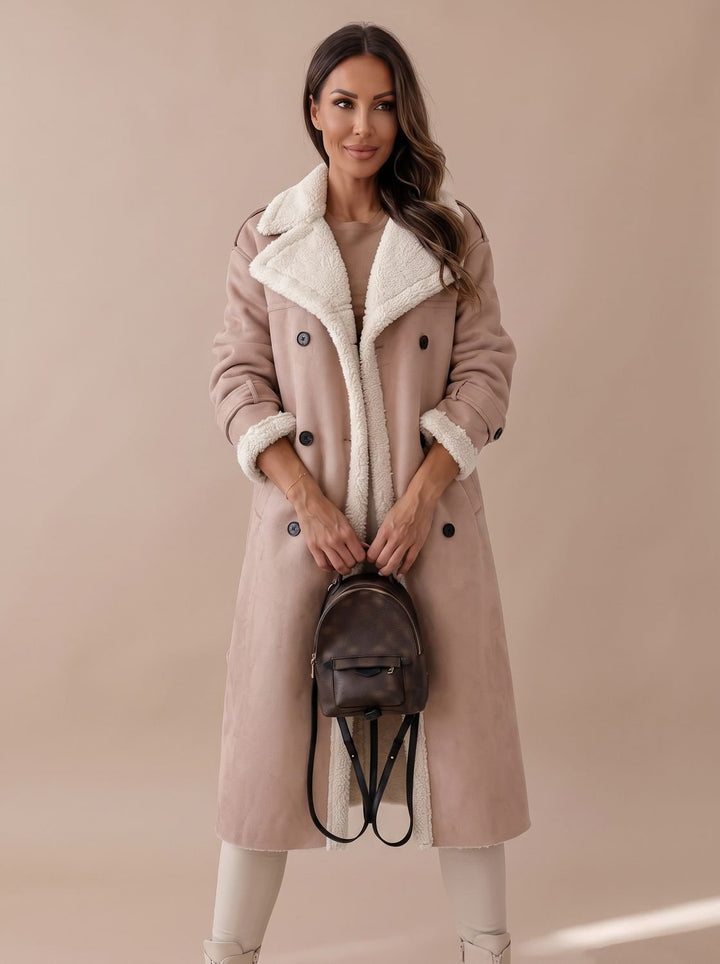 Women's Long Teddy Winter Coat Double-Breasted Sherpa Belted - Khaki
