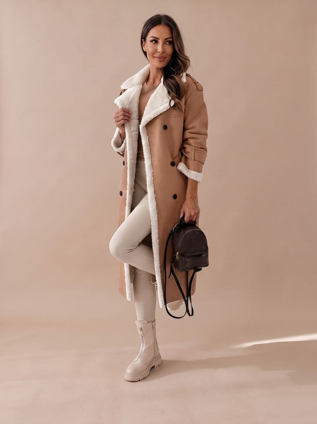 Women's Long Teddy Winter Coat Double-Breasted Sherpa Belted - Apricot