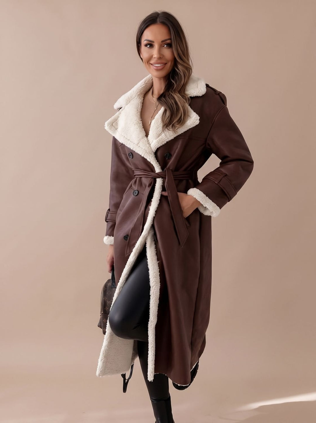 Women's Long Teddy Winter Coat Double-Breasted Sherpa Belted - Brown
