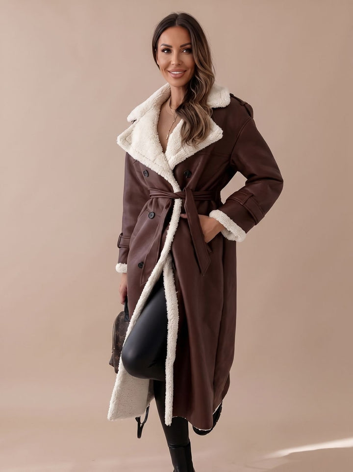 Women's Long Teddy Winter Coat Double-Breasted Sherpa Belted - Brown