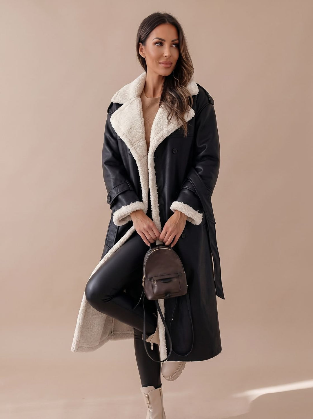 Women's Long Teddy Winter Coat Double-Breasted Sherpa Belted
