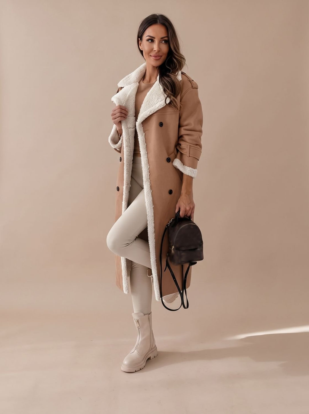 Women's Long Teddy Winter Coat Double-Breasted Sherpa Belted