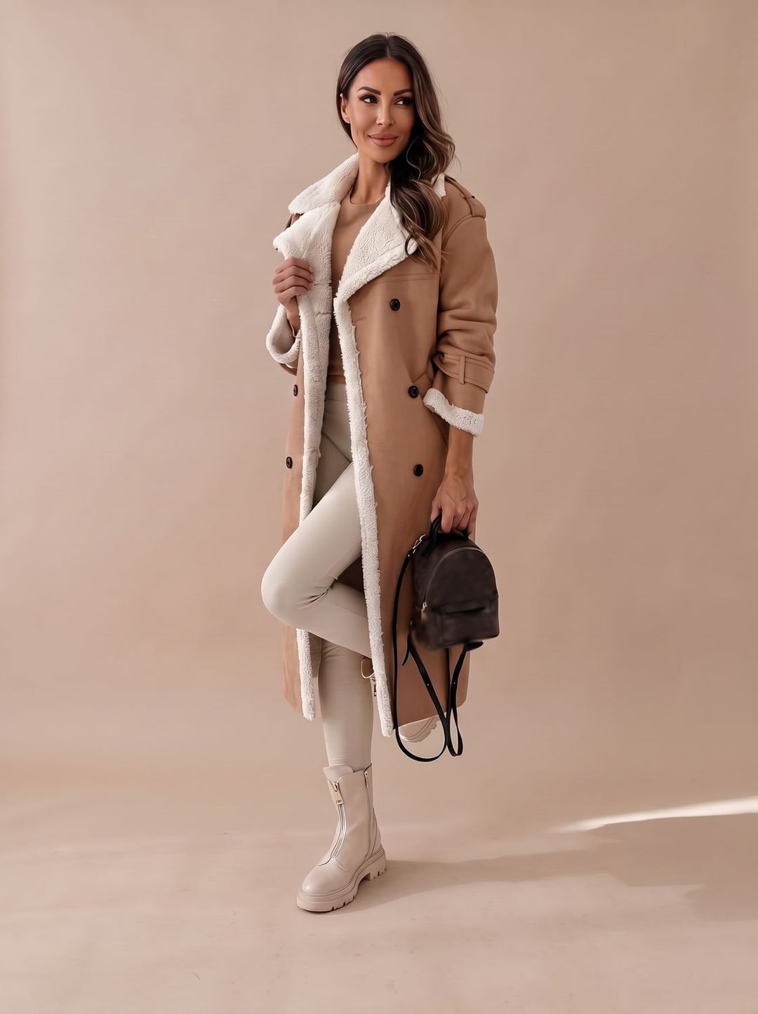 Women's Long Teddy Winter Coat Double-Breasted Sherpa Belted