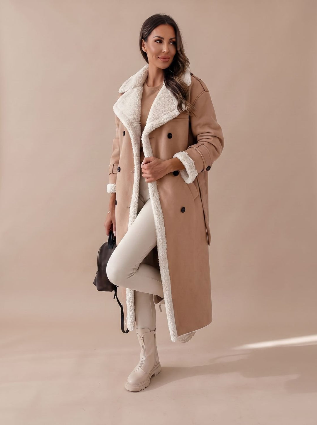 Women's Long Teddy Winter Coat Double-Breasted Sherpa Belted