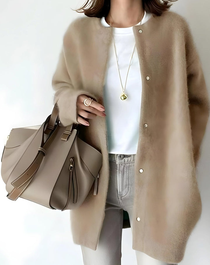 Women's Longline Crew Neck Snap-Button Relaxed Cardigan - Beige
