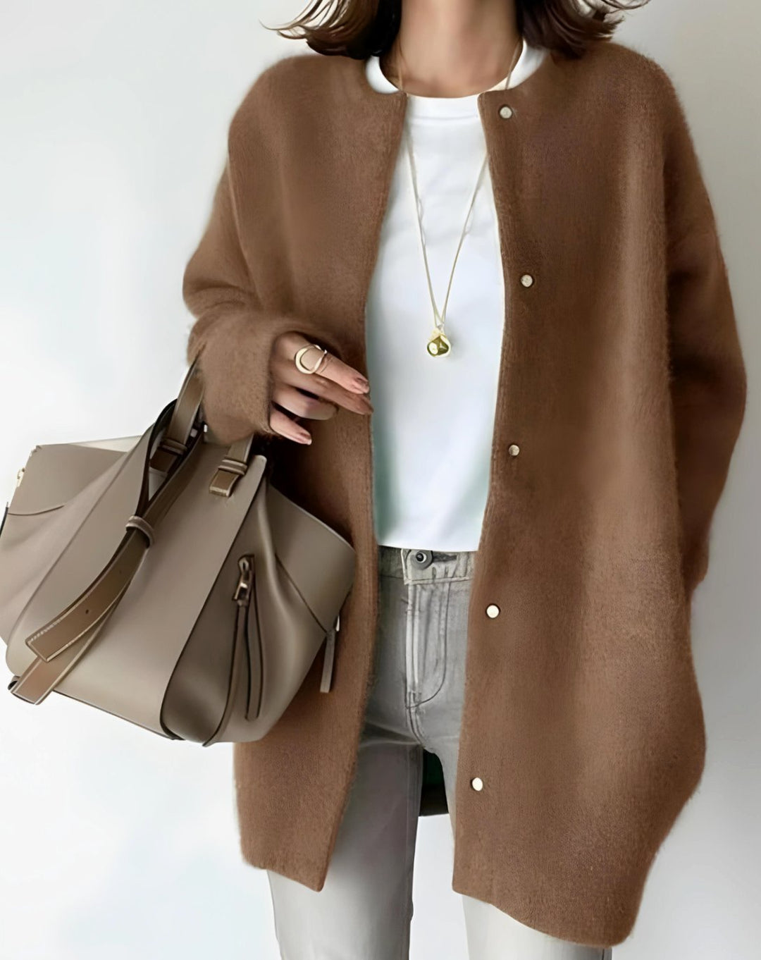 Women's Longline Crew Neck Snap-Button Relaxed Cardigan - Brown