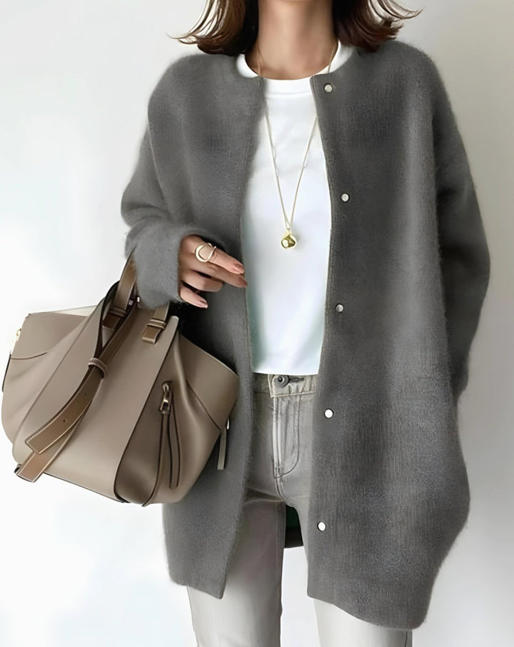 Women's Longline Crew Neck Snap-Button Relaxed Cardigan - Dark Brown