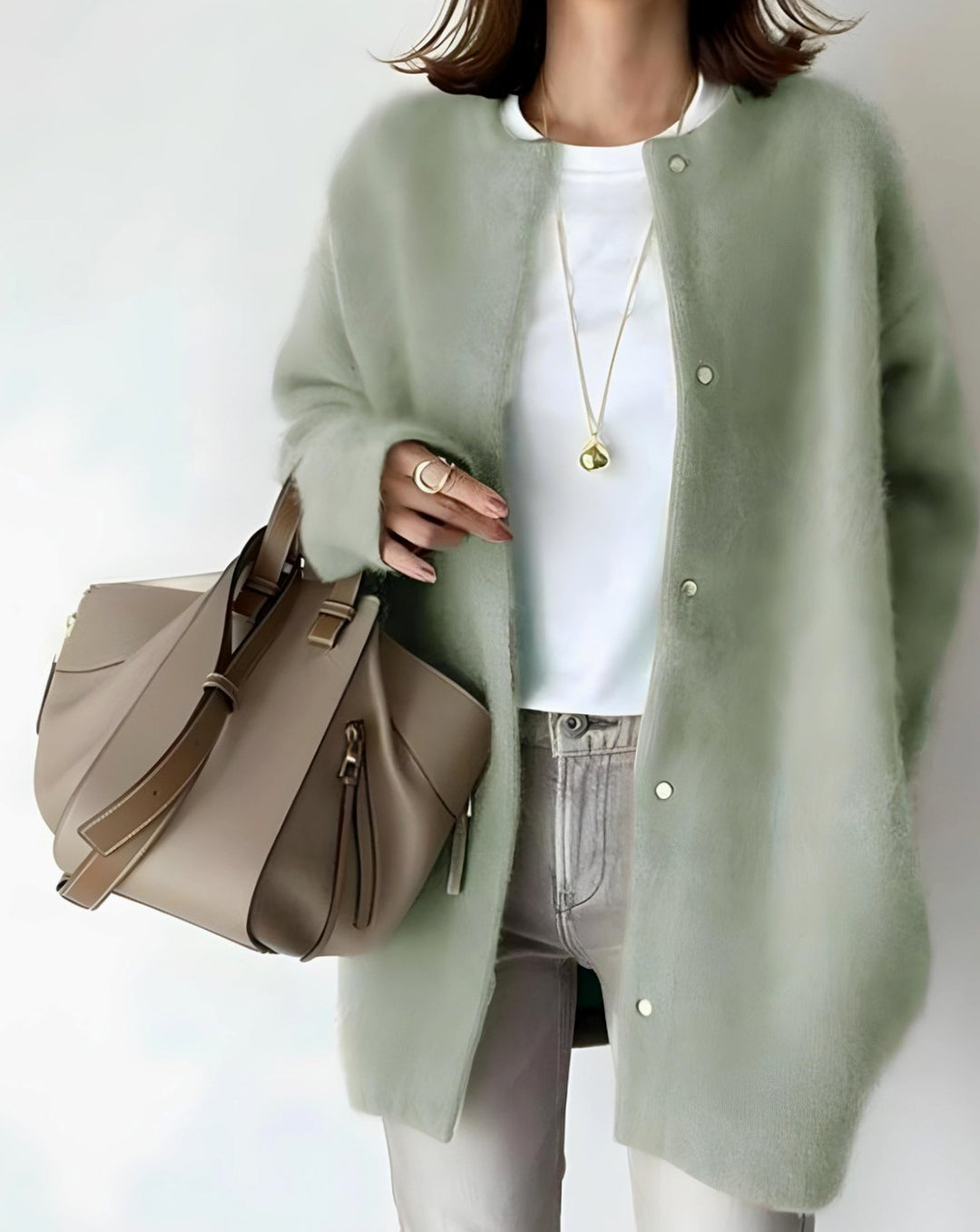 Women's Longline Crew Neck Snap-Button Relaxed Cardigan - Green