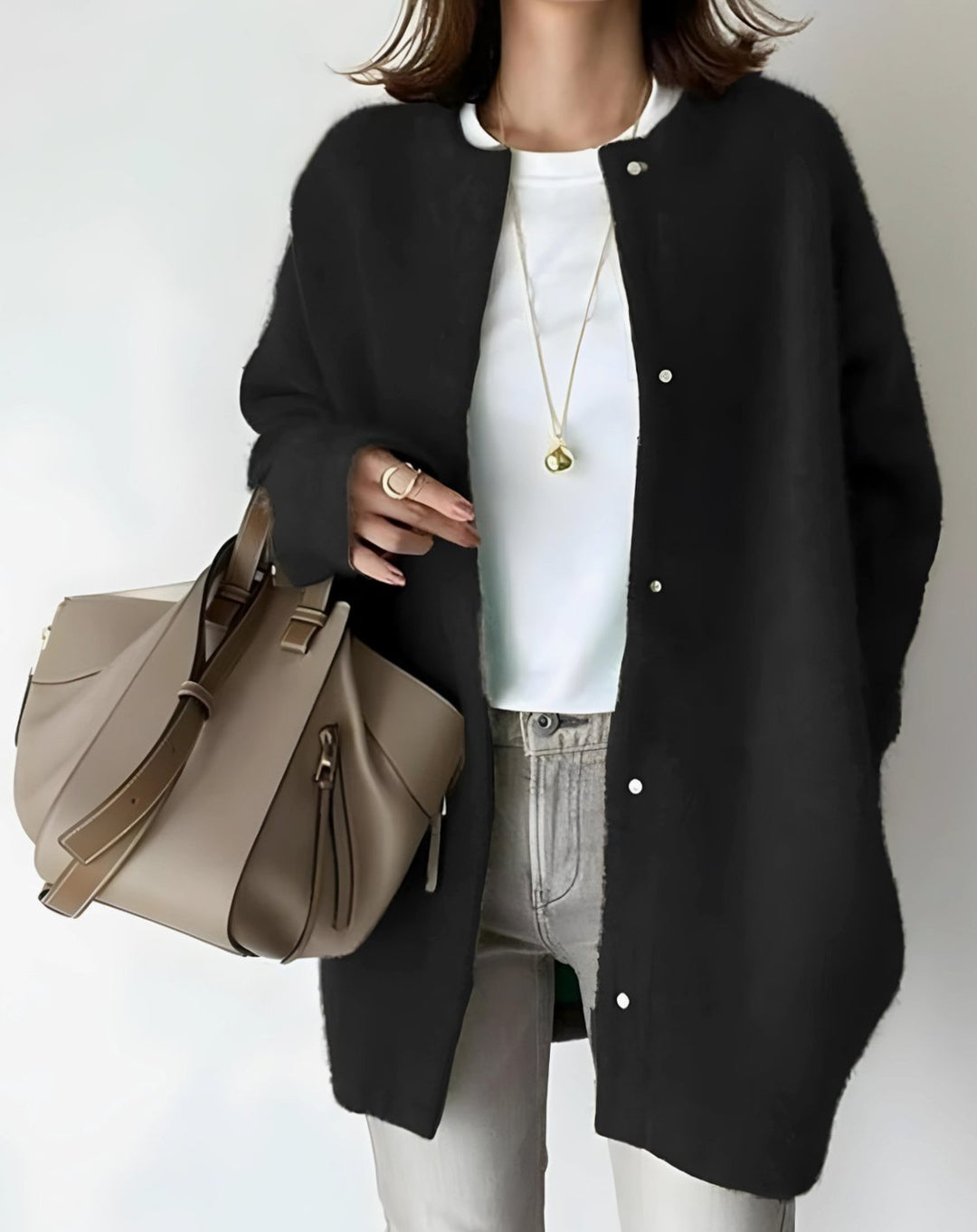 Women's Longline Crew Neck Snap-Button Relaxed Cardigan - Black