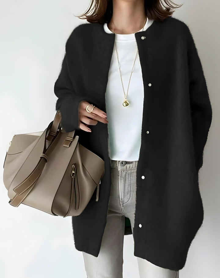 Women's Longline Crew Neck Snap-Button Relaxed Cardigan - Black