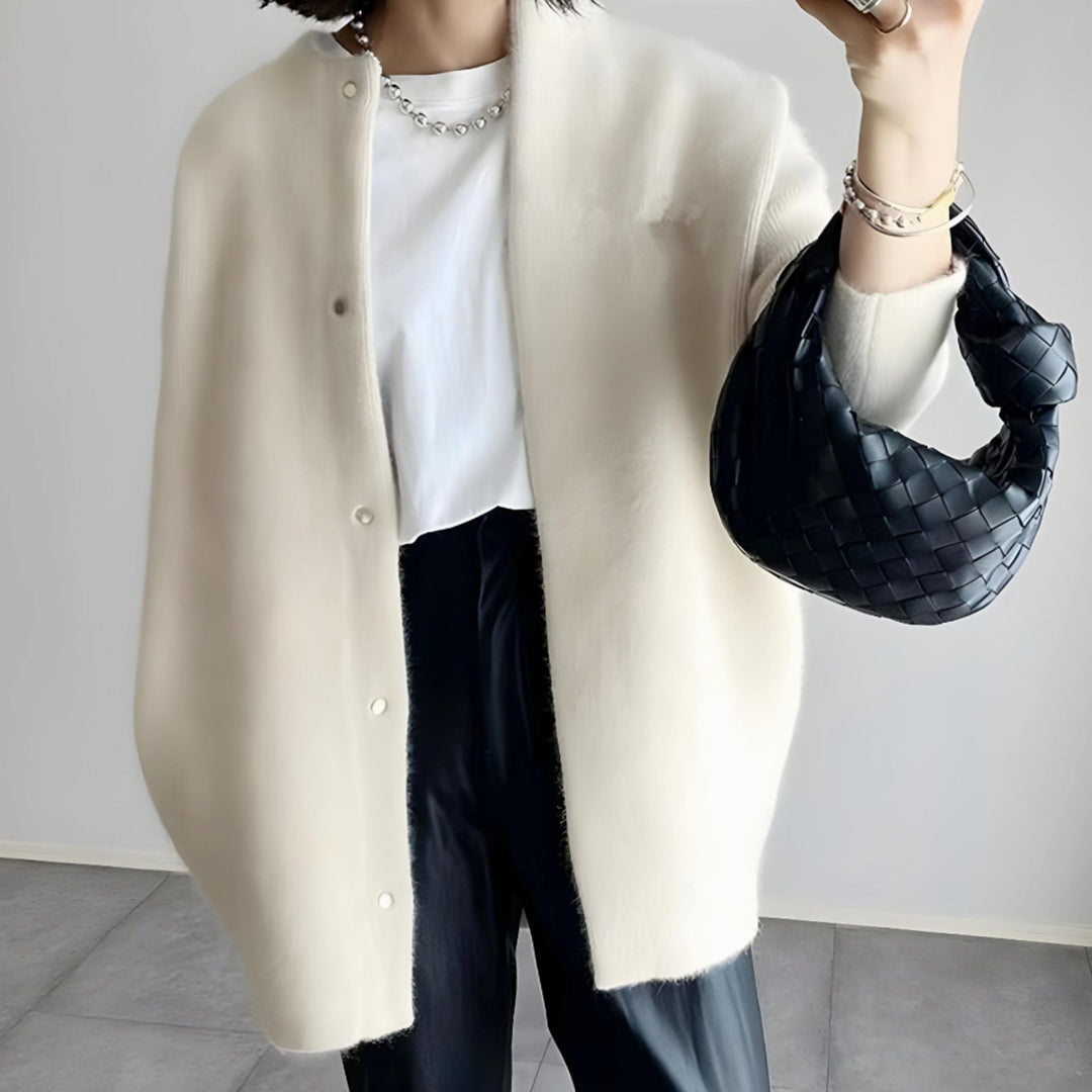Women's Longline Crew Neck Snap-Button Relaxed Cardigan - White