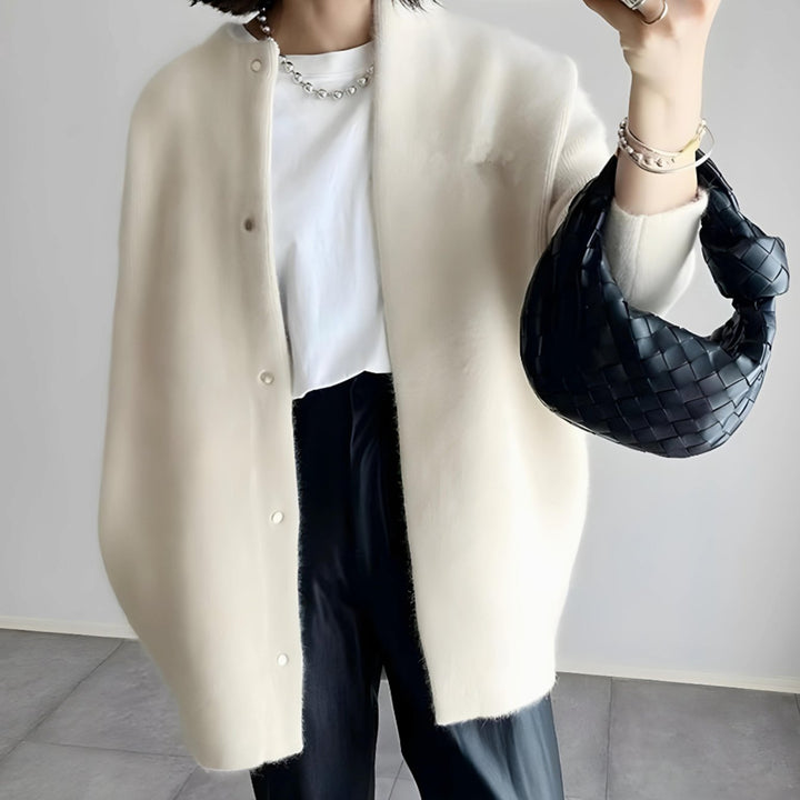 Women's Longline Crew Neck Snap-Button Relaxed Cardigan - White
