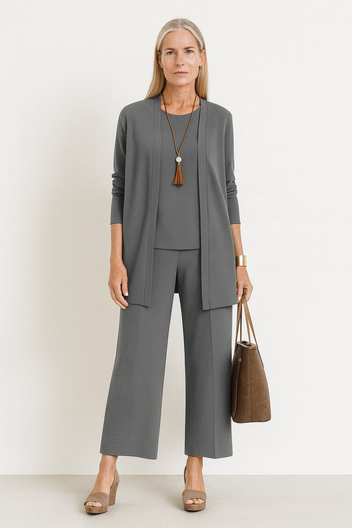 Women's Longline Open-Front Cardigan Wide-Leg Pants 3-Piece Set - Grau