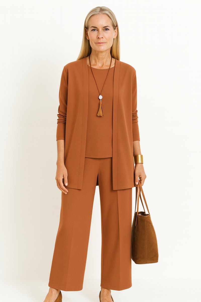 Women's Longline Open-Front Cardigan Wide-Leg Pants 3-Piece Set - Hellbraun