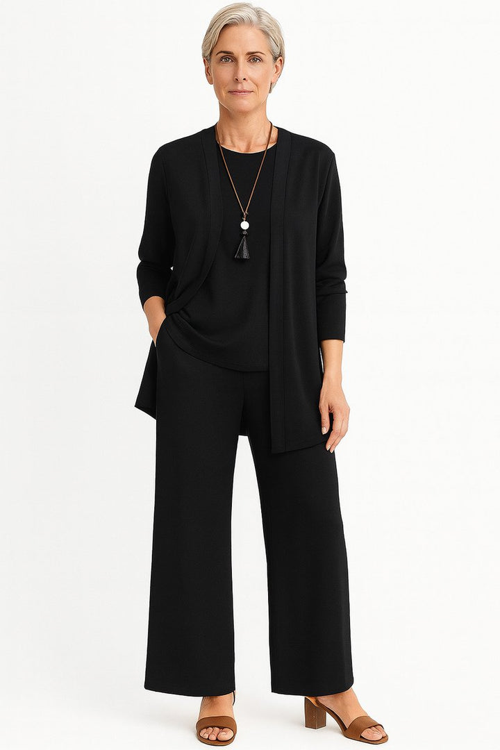 Women's Longline Open-Front Cardigan Wide-Leg Pants 3-Piece Set - Schwarz
