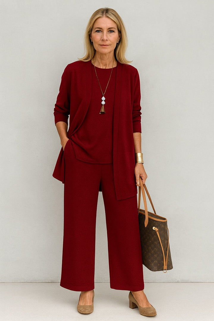 Women's Longline Open-Front Cardigan Wide-Leg Pants 3-Piece Set - Rot
